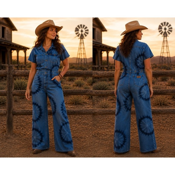 Wrangler Pants - Wrangler Denim Jumpsuit Womens S Blue Tie Dye Circle Wide Leg Utility Western